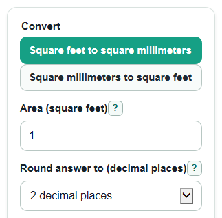 Example inputs for Square Feet to Square Millimeters Converter
