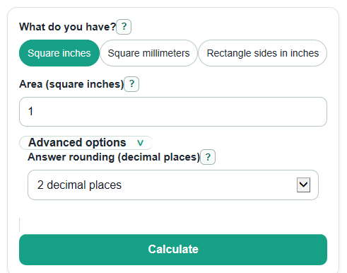 Example inputs for Square Inches to Square Millimeters Converter