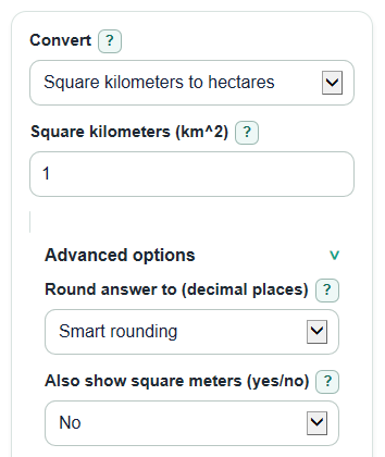 Example inputs for Square Kilometers to Hectares Converter