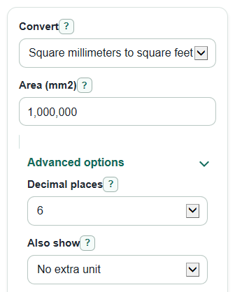 Example inputs for Square Millimeters to Square Feet Converter