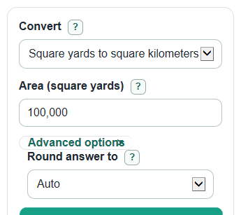 Example inputs for Square Yards to Square Kilometers Converter