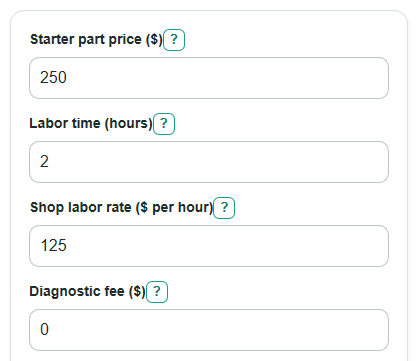 Example inputs for Starter Replacement Cost Calculator