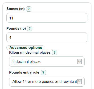 Example inputs for Stones and Pounds to Kilograms Converter