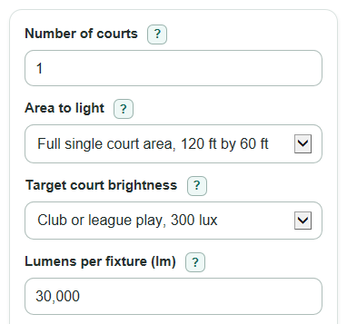 Example inputs for Tennis Court Lighting Calculator
