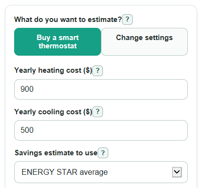 Example inputs for Thermostat Savings Calculator
