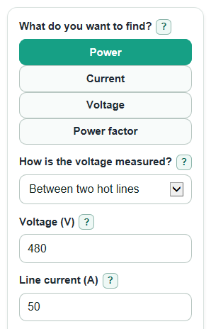 Example inputs for Three Phase Power Calculator