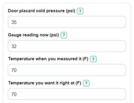 Example inputs for Tire Pressure Calculator