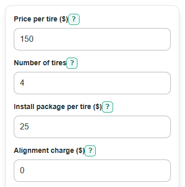Example inputs for Tire Replacement Cost Calculator