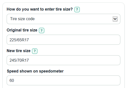Example inputs for Tire Speedometer Error Calculator