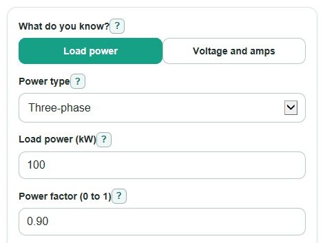 Example inputs for Transformer Sizing Calculator