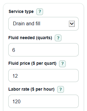 Example inputs for Transmission Fluid Change Cost Calculator