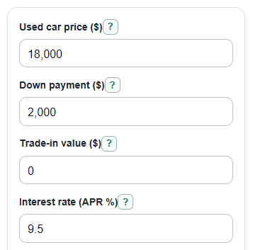 Example inputs for Used Car Loan Calculator