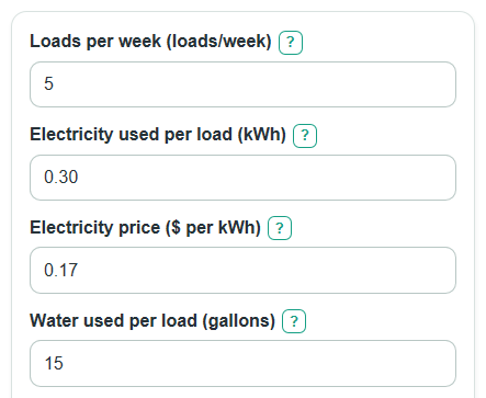 Example inputs for Washing Machine Running Cost Calculator