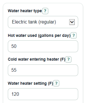 Example inputs for Water Heater Running Cost Calculator