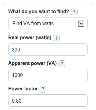 Example inputs for Watts to VA Calculator