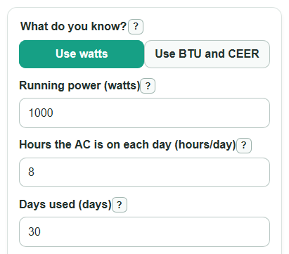 Example inputs for Window AC Running Cost Calculator