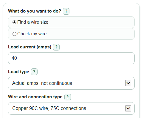Example inputs for Wire Ampacity Calculator