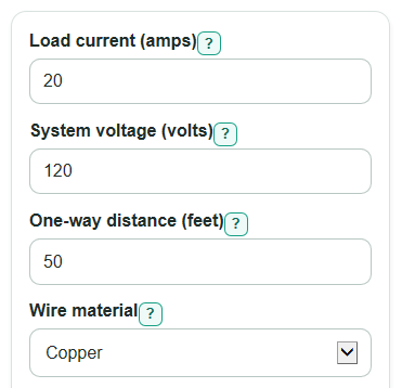 Example inputs for Wire Size Calculator