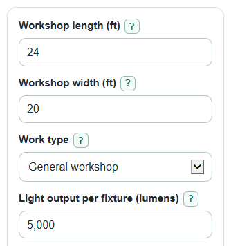 Example inputs for Workshop Lighting Calculator