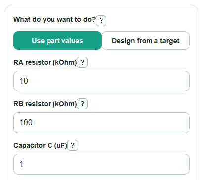 Example inputs for 555 Astable Timer Calculator