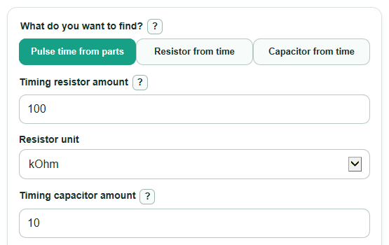 Example inputs for 555 Monostable Timer Calculator