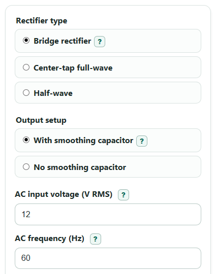 Example inputs for AC to DC Rectifier Voltage Calculator