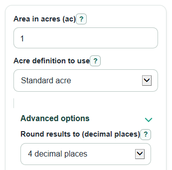 Example inputs for Acres to Hectares and Square Meters Converter