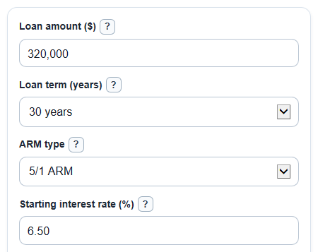 Example inputs for Adjustable Rate Mortgage Calculator