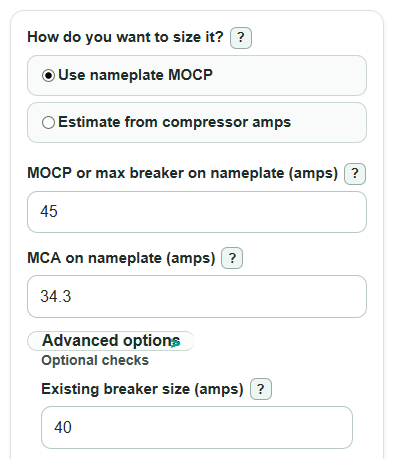 Example inputs for Air Conditioner Breaker Size Calculator