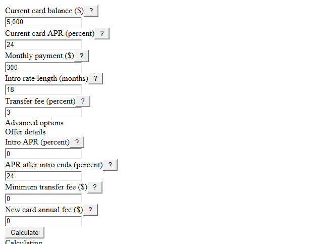 Example inputs for Balance Transfer Savings Calculator