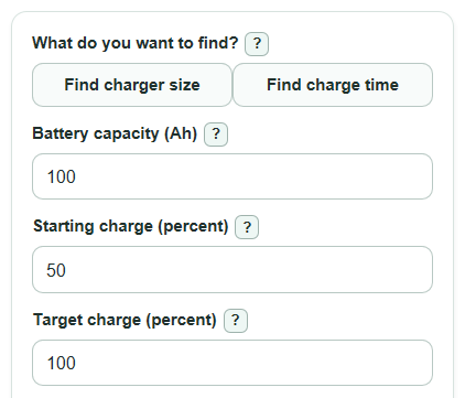 Example inputs for Battery Charger Size Calculator