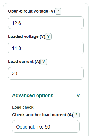 Example inputs for Battery Internal Resistance Calculator