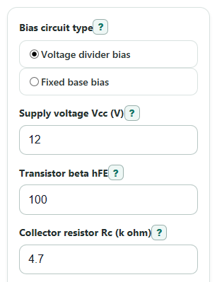 Example inputs for BJT Bias Calculator