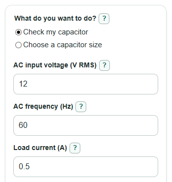 Example inputs for Bridge Rectifier Calculator