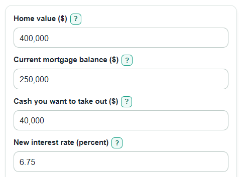 Example inputs for Cash-Out Refinance Calculator