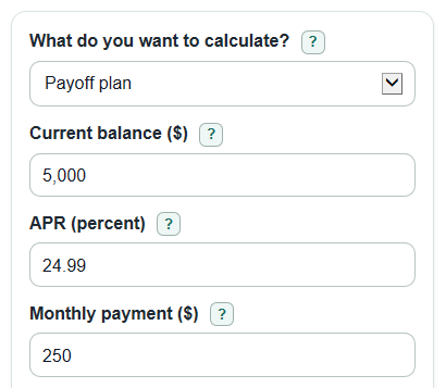 Example inputs for Credit Card Interest Calculator