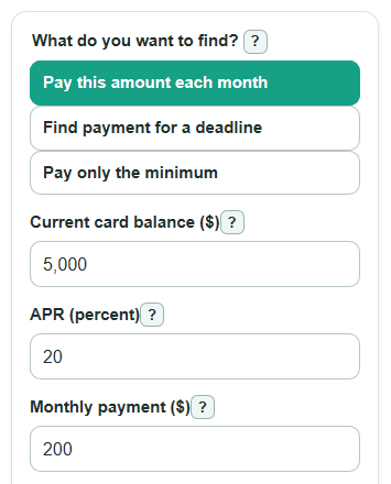 Example inputs for Credit Card Payment Calculator