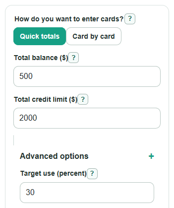 Example inputs for Credit Utilization Calculator