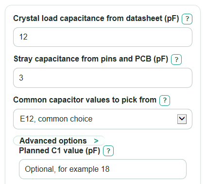 Example inputs for Crystal Load Capacitance Calculator