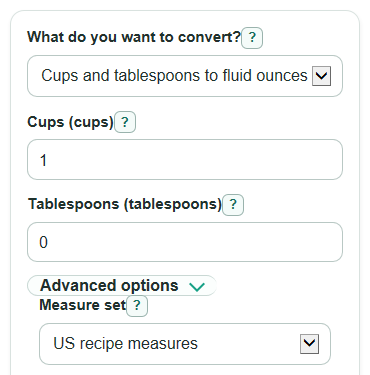 Example inputs for Cups and Tablespoons to Fluid Ounces Converter