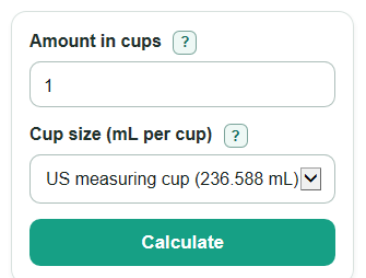 Example inputs for Cups to mL and Liters Converter