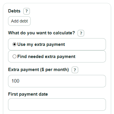Example inputs for Debt Avalanche Calculator