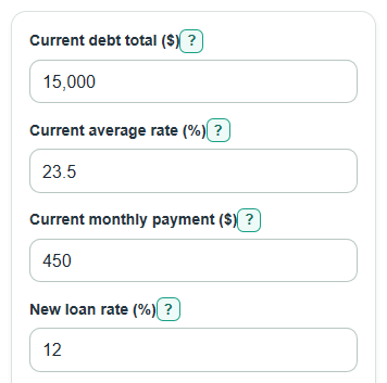 Example inputs for Debt Consolidation Savings Calculator