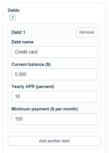 Example inputs for Debt Free Date Calculator