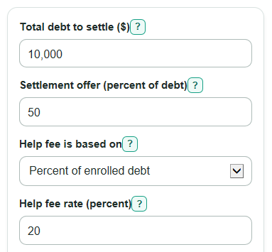 Example inputs for Debt Settlement Calculator