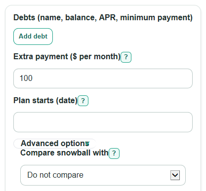 Example inputs for Debt Snowball Calculator
