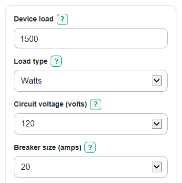 Example inputs for Dedicated Circuit Load Calculator