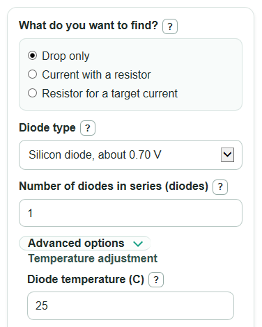 Example inputs for Diode Voltage Drop Calculator
