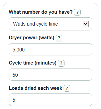 Example inputs for Dryer Electricity Cost Calculator