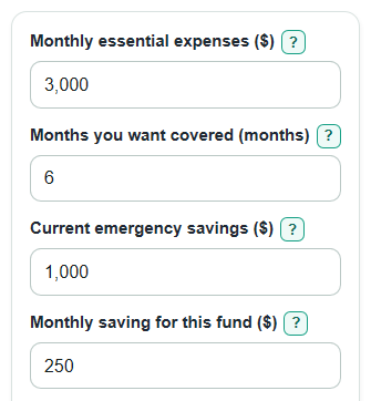 Example inputs for Emergency Fund Calculator